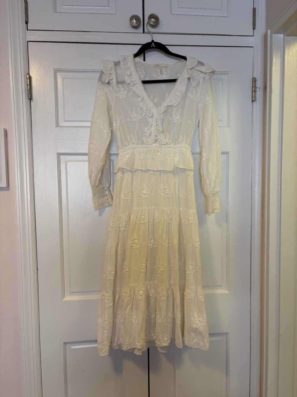 Maje Ivory Embroidered V‑Neck Midi Dress